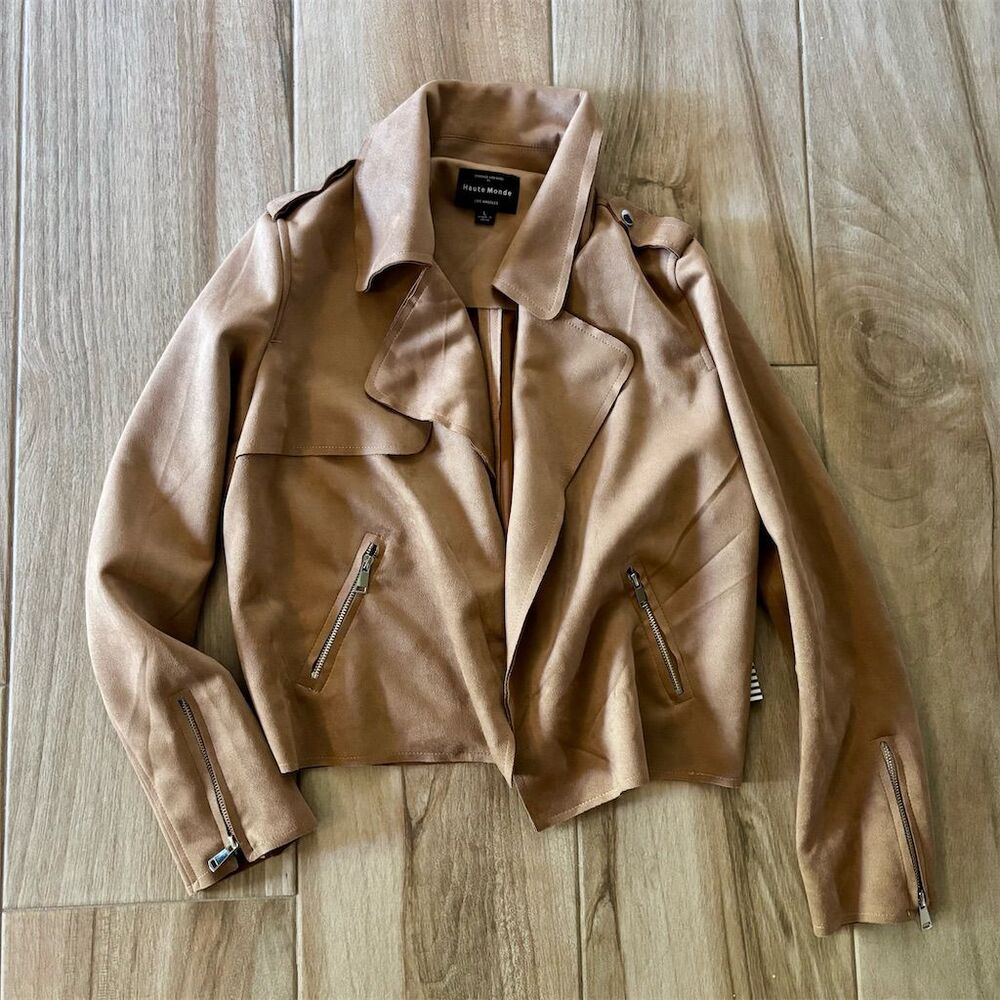 Haute Monde Women's Moto Jacket Camel Brown Size L Zipper Accents